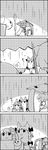  4koma bus_stop comic dress eyes ghost greyscale hair_ornament highres kaenbyou_rin kochiya_sanae long_hair monochrome parody rain silent_comic smile tani_takeshi tatara_kogasa tonari_no_totoro touhou translated umbrella wheelbarrow yukkuri_shiteitte_ne 