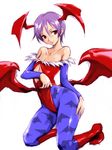  animal_print bad_id bad_nicoseiga_id bare_shoulders bat_print bat_wings boots detached_sleeves flat_chest head_wings leotard lilith_aensland low_wings pantyhose print_legwear purple_hair red_eyes red_leotard short_hair simple_background solo vampire_(game) wings yotarou_no_miso_nikomi 