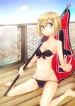  balcony bandeau bikini blonde_hair blue_eyes collarbone erica_hartmann face flag front-tie_top hands highres nuko-d sandals short_hair sitting skindentation solo strike_witches swimsuit v wariza world_witches_series 