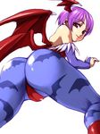  animal_print ass bad_id bad_nicoseiga_id bare_shoulders bat_print bat_wings bridal_gauntlets head_wings leotard lilith_aensland low_wings pantyhose print_legwear purple_hair red_eyes red_leotard short_hair simple_background solo vampire_(game) wings yotarou_no_miso_nikomi 