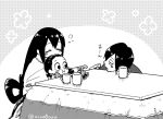  1boy 2girls aiue0 asui_samidare asui_satsuki asui_tsuyu black_eyes blush_stickers boku_no_hero_academia brother_and_sister chewing cup eyes_closed feeding food frog_girl fruit graphite_(medium) hair_rings indoors kotatsu long_hair low-tied_long_hair mandarin_orange millipen_(medium) mug multiple_girls open_mouth siblings sisters sitting sleeping table traditional_media 