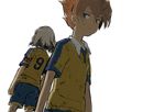  armband back-to-back bad_id bad_pixiv_id blue_eyes brown_hair clothes_writing inazuma_eleven_(series) inazuma_eleven_go kotatsuice matsukaze_tenma multiple_boys raimon raimon_soccer_uniform shindou_takuto short_hair soccer_uniform sportswear 