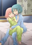  bed blush closed_eyes gke1avg highres hug kaname_madoka mahou_shoujo_madoka_magica miki_sayaka multiple_girls pajamas yuri 