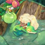  crown flower horns lilligant nintendo no_humans pokemon red_eyes sleeping snivy tail whimsicott 