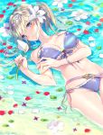 afloat bangs bare_arms bare_shoulders bikini blonde_hair blue_eyes blue_ribbon blurry blush breasts cleavage closed_mouth collarbone commentary_request depth_of_field dutch_angle flower front-tie_bikini front-tie_top granblue_fantasy groin hair_intakes hairband head_tilt highres holding holding_flower jeanne_d'arc_(granblue_fantasy) leaf long_hair looking_away looking_to_the_side lying medium_breasts navel on_back petals purple_hairband ribbon rugo shallow_water shiny shiny_hair side-tie_bikini smile solo sparkle stomach string_bikini swimsuit thigh_gap twintails water white_flower white_ribbon 