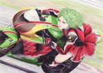  colored_eyelashes colored_pencil_(medium) eyebrows floating_hair green_hair ground_vehicle kawasaki kazami_yuuka motor_vehicle motorcycle red_eyes riding rpracing short_hair signature skirt solo touhou traditional_media wind 