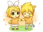  &gt;_&lt; 1boy 1girl :o alternate_costume blonde_hair blush bow boy boy_and_girl chibi crying eyes_closed female footwear girl grass hair_bow hair_ornament hairclip hand_holding highres holding_hands kagamine_len kagamine_rin male mochi_(mochi25) plaster ponytail shirt shorts skirt socks star t-shirt tears vocaloid white_legwear white_socks 