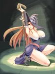  ass bare_shoulders boots breasts brown_eyes brown_hair detached_sleeves dragon's_crown dress hat hat_over_one_eye highres kneeling large_breasts legs lips long_hair side_slit solo sorceress_(dragon's_crown) staff strapless strapless_dress thighs urase_shioji witch_hat 