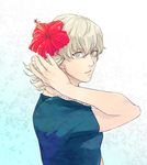  barnaby_brooks_jr blonde_hair blue_eyes flower glasses hair_ornament hand_in_hair hibiscus jewelry male_focus necklace shirt solo t-shirt tiger_&amp;_bunny tooyamada 