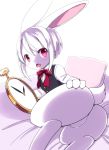  4_fingers bed bow butt butt_focus butt_pose female hair kemoribbon lagomorph mammal pillow pink_eyes pocket_watch rabbit red_bow short_hair silver_hair solo 