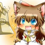  :3 animal_ears ascot bad_id bad_pixiv_id blue_eyes blush bow brown_hair cat cat_ears cat_tail chibi detached_sleeves dress drooling fang hair_bow hair_tubes hakurei_reimu kemonomimi_mode money rebecca_(keinelove) solo tail touhou 