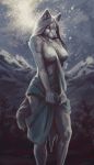  anthro breasts canine clothed clothing cu_sith_(artist) fabric female hair holding_object long_hair mammal mountain night nipples outside partially_clothed sky solo standing tree wolf yellow_sclera 