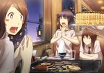  1boy 2girls bad_id bad_pixiv_id blush_stickers boned_meat bowl brown_hair chopsticks egg fangs food griddle hands_together izumi_sai meat multiple_girls necktie okonomiyaki open_mouth original own_hands_together purple_hair restaurant rice rice_bowl saliva short_hair soda steepled_fingers sunny_side_up_egg 