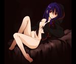  bad_id bad_pixiv_id barefoot bottomless breasts feet hood hoodie kototoka long_hair medium_breasts no_bra ookura_miyako pillarboxed purple_hair red_eyes sitting solo tokimeki_memorial tokimeki_memorial_4 