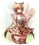  1girl :3 animal_ear_fluff bangs bare_shoulders belt blonde_hair bow bowtie brown_hair claw_pose commentary cowboy_shot eyebrows_visible_through_hair eyes_visible_through_hair gloves gradient_hair hair_between_eyes hands_up high-waist_skirt kemono_friends looking_at_viewer multicolored_hair ocelot_(kemono_friends) ocelot_ears ocelot_print ocelot_tail orange_eyes parted_lips print_gloves print_legwear print_neckwear print_skirt shirt short_hair_with_long_locks skirt sleeveless sleeveless_shirt smile solo terupancake thighhighs twitter_username v-shaped_eyebrows white_shirt zettai_ryouiki 