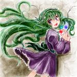  blue_eyes dress energy_ball green_hair hairband layla_prismriver long_hair looking_back lowres nanashii_(soregasisan) open_mouth ribbon smile solo touhou tree wavy_hair 