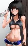  black_eyes black_hair bottle breasts casual clothes_pin cosaten curvy cutoffs highres large_breasts midriff navel school_rumble shirt_lift short_hair short_shorts shorts solo suou_mikoto torn_clothes underboob wet 