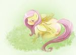  all_fours anthro blush breasts butt cosmicunicorn cutie_mark emotion equine female feral fluttershy_(mlp) friendship_is_magic grass hair hands horse iram mammal my_little_pony nude pegasus pink_hair plain_background pony sad solo transformation white_background wings 