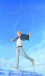  bad_id bad_pixiv_id blonde_hair blue_eyes blue_jacket bomber_jacket crescent_moon day denim highres jacket jeans keith_goodman male_focus moon pants ramta running shoes sky sneakers solo tiger_&amp;_bunny wings 