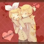  1boy 1girl alternate_costume blonde_hair bow boy boy_and_girl cat eyes_closed female girl hair_bow heart hug kagamine_len kagamine_rin machino male no_nose open_mouth pair ponytail short_hair smile sweater vocaloid 