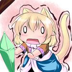  1girl animal_ears blonde_hair cat_ears cat_tail chibi extra_ears flandre_scarlet gem hoshizuki_(seigetsu) kemonomimi_mode mizuhashi_parsee open_mouth puru-see scarf solo tail touhou trembling wings 