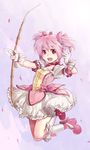  abe_(f!mixture) bad_id bad_pixiv_id bow bow_(weapon) choker dress full_body gem gloves hair_bow jewelry jumping kaname_madoka kneehighs mahou_shoujo_madoka_magica open_mouth pink pink_hair purple_eyes red_choker ribbon sky smile solo twintails weapon 