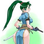  ass fingerless_gloves fire_emblem fire_emblem:_rekka_no_ken gloves green_hair high_ponytail long_hair lyndis_(fire_emblem) mabudai ponytail solo sword weapon 