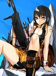  ammunition_belt bad_id bad_pixiv_id bike_shorts boots breasts cleavage gun headphones kakaaru medium_breasts original ringed_eyes sitting solo tattoo weapon wristband yellow_eyes 