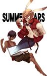  animal_ears bad_id bad_pixiv_id barefoot blonde_hair brown_eyes brown_hair bunny_ears bunny_tail computer dark_skin dark_skinned_male fingerless_gloves gloves headphones highres ikezawa_kazuma king_kazuma laptop male_focus rimuro scar shorts summer_wars tail tank_top vest 