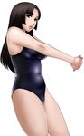  black_eyes black_hair cowboy_shot lips long_hair matoyama one-piece_swimsuit original school_swimsuit solo stretch swimsuit 