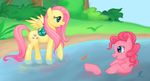  cute equine female feral fluttershy_(mlp) friendship_is_magic fur hair horse lake mammal my_little_pony pegasus pink_fur pink_hair pinkie_pie_(mlp) pony tree unknown_artist water wings wood 