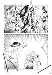  ascot blood comic doujinshi eyes flandre_scarlet floral_print greyscale grin hands_on_own_chest hat highres komeiji_koishi long_hair monochrome multiple_girls non_(nuebako) open_mouth sharp_teeth short_hair side_ponytail smile teeth touhou translated wings 