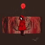  balloon black_hair branch brown_background child dress highres hood rain red_background red_dress red_eyes robin_(the_path) short_hair solo the_path 