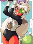  :d arai_kuma arms_up bad_id bad_pixiv_id breastplate captain_ginyu carrying dragon_ball dragon_ball_z fur genderswap genderswap_(mtf) ginyu_force guldo jeice leotard looking_at_viewer lowres open_mouth red_skin smile teeth thighhighs 