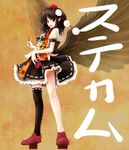  bad_id bad_pixiv_id black_hair camera geta hat legs looking_at_viewer nishi_masakazu open_mouth pen pointy_ears red_eyes shameimaru_aya smile solo standing stickam tengu-geta thighhighs tokin_hat touhou wings 