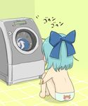  blue_hair bow cirno dress fairy female hair_bow indoors leg_hug panties puchiman ribbon short_hair sitting solo touhou underwear washing_machine 