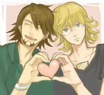  aqua_eyes bad_id bad_pixiv_id barnaby_brooks_jr blonde_hair blue_eyes brown_hair cabbie_hat closed_eyes facial_hair glasses hat heart heart_hands heart_hands_duo jewelry kaburagi_t_kotetsu male_focus multiple_boys necklace open_mouth sashimi555 stubble tiger_&amp;_bunny 