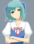  blue_eyes blue_hair bow cirno crossed_arms dress fairy frown hair_bow head_tilt puchiman ribbon short_hair solo touhou 