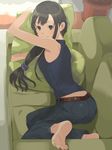 armpits ass bad_id bad_pixiv_id barefoot couch denim feet highres jeans long_hair looking_back lying olg original pants pillow pillow_hug sleeveless smile solo 