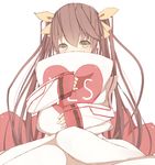  bad_id bad_pixiv_id blush bow brown_hair green_eyes hair_bow heart huang_lingyin hug infinite_stratos long_hair meet_neet pillow pillow_hug simple_background sleeves_past_wrists solo twintails uniform very_long_hair yes yes-no_pillow 