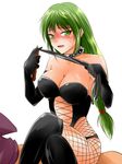  blush bondage_outfit breasts crossed_legs dominatrix elbow_gloves fishnet_pantyhose fishnets ganbare_goemon gloves green_eyes green_hair kappamaru large_breasts long_hair pantyhose simple_background sitting very_long_hair white_background yae_(ganbare_goemon) 