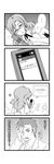  1girl 4koma cellphone comic crossover greyscale heart highres kiryuu_moeka kyubey mahou_shoujo_madoka_magica make_a_contract monochrome okabe_rintarou phone piku steins;gate translated 