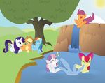  applebloom_(mlp) applejack_(mlp) blue_fur cub cutie_mark cutie_mark_crusaders_(mlp) equine female feral friendship_is_magic fur grass group horn horse mammal my_little_pony pegasus pony rainbow_dash_(mlp) rarity_(mlp) scootaloo_(mlp) sibling sisters sweetie_belle_(mlp) tree unicorn unknown_artist water waterfall wings wood young 