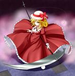  aka_tawashi blonde_hair dress elly frilled_dress frills hat hat_ribbon highres holding holding_scythe neck_ribbon ribbon scythe short_hair solo touhou touhou_(pc-98) weapon yellow_eyes 