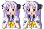  blue_eyes blush hiiragi_kagami long_hair lucky_star purple_hair rindou_(awoshakushi) ryouou_school_uniform school_uniform serafuku stereogram twintails yellow_neckwear 