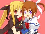  :o bad_id bad_pixiv_id blonde_hair brown_hair cape fate_testarossa fingerless_gloves gloves lyrical_nanoha mahou_shoujo_lyrical_nanoha miyashita_nano multiple_girls open_mouth purple_eyes red_eyes takamachi_nanoha twintails wings 