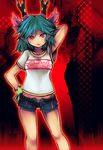  alternate_costume antlers blue_hair c_(control) casual choker collarbone hand_behind_head head_wings horns open_fly panties q_(control) red_eyes shorts solo tom_(drpow) underwear unzipped white_panties 