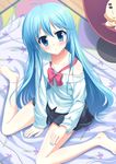  bare_shoulders barefoot blue_eyes blue_hair blush denpa_onna_to_seishun_otoko face futon hands hinata_keiichi kneeling long_hair looking_up nail_polish off_shoulder plaid plaid_skirt pleated_skirt sitting skirt solo touwa_erio wariza 