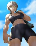  amane_suzuha bike_shorts braid crop_top from_below muscle onsoku_maru short_hair smile solo sports_bra steins;gate twin_braids twintails yellow_eyes 