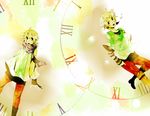  1boy 1girl alternate_costume bass_clef blonde_hair boots boy_and_girl clock drop female girl kagamine_len kagamine_rin kinoshita_(kirinn0) knee_boots male musical_note musical_notes open_mouth pants scarf shirt t-shirt treble_clef vocaloid 